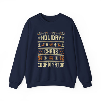 Holiday Chaos Coordinator Sweatshirt featuring festive knit-style lettering with reindeer and trees.