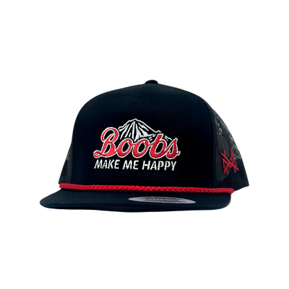 Black cap with 'Boobs Make Me Happy' text on a white background