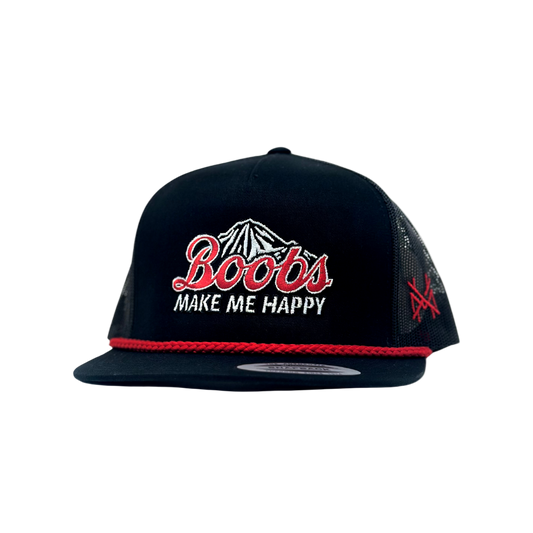 Black cap with 'Boobs Make Me Happy' text on a white background