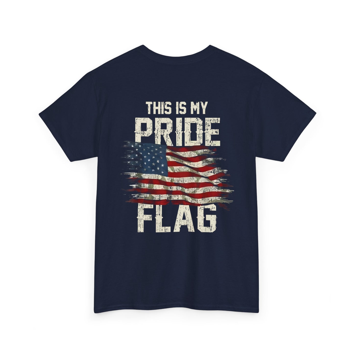 This Is My Pride Flag T-Shirt with American flag design, bold patriotic graphics, and message on the back.