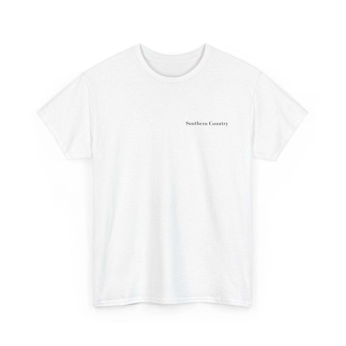 Southern Country text design on a plain white t-shirt, ideal for casual wear.