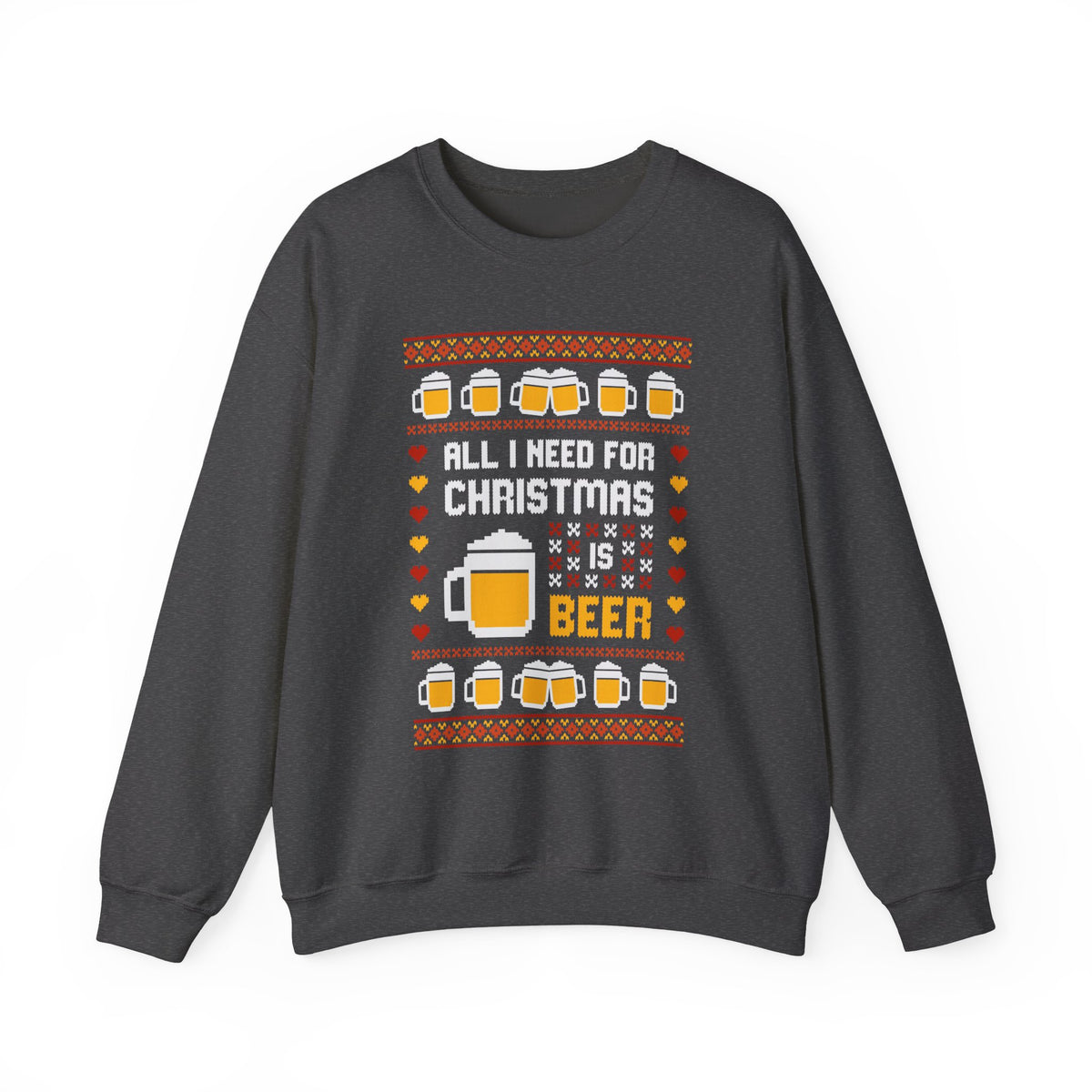 All I Need For Christmas Is Beer Sweatshirt featuring festive beer mugs and hearts design in colorful lettering.