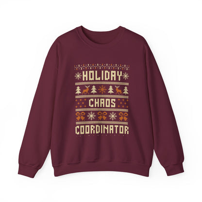 Holiday Chaos Coordinator Sweatshirt featuring festive holiday designs in knitted lettering.