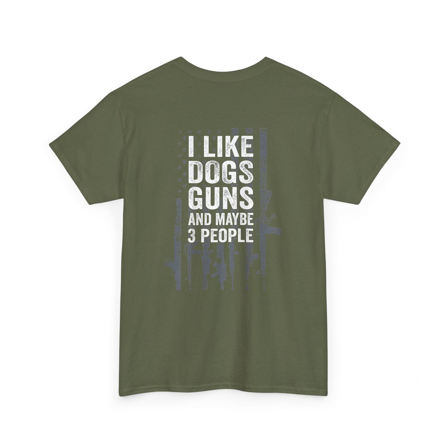 I Like Dogs Guns and Maybe 3 People T-Shirt - Funny graphic tee for dog lovers and gun enthusiasts with humorous text, green background.