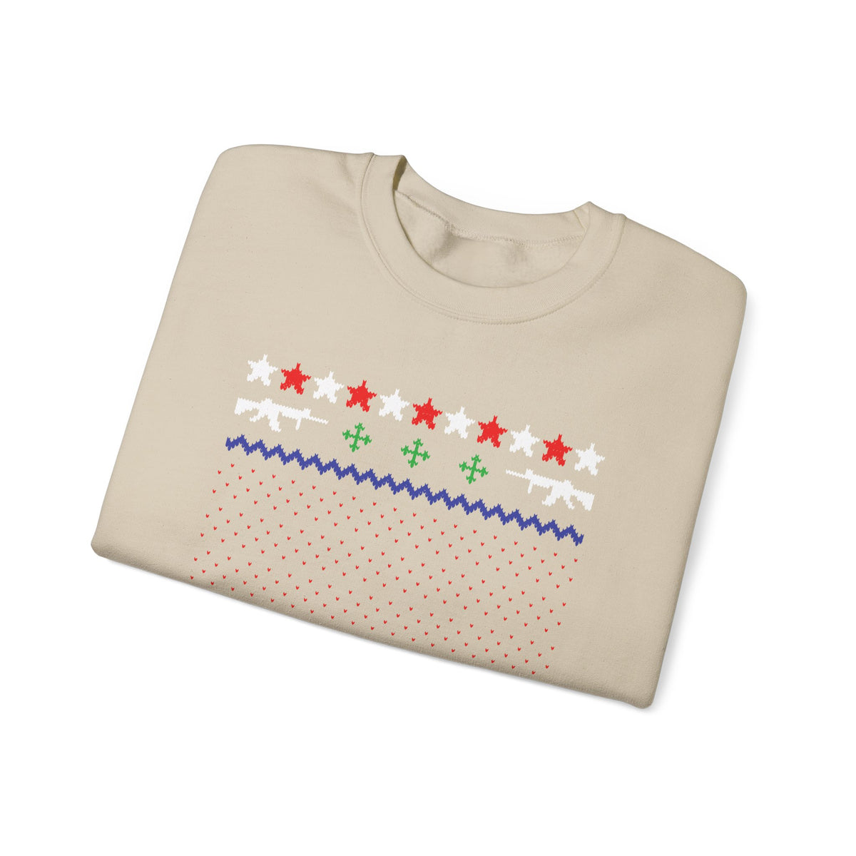 Gun Lover Christmas Sweatshirt featuring rifle silhouettes and stars in a festive design.