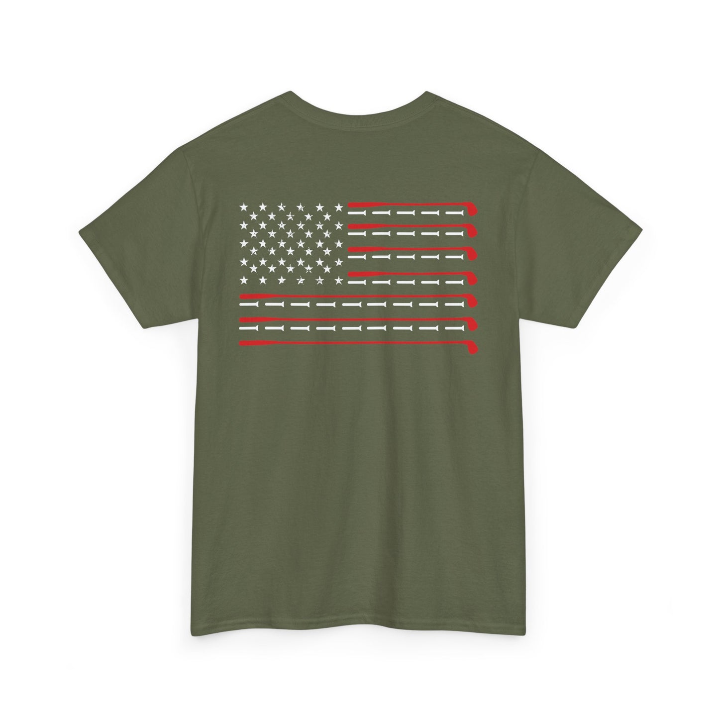 American Flag Golf Shirt showcasing a unique design with golf clubs arranged as the American flag on an olive green background.