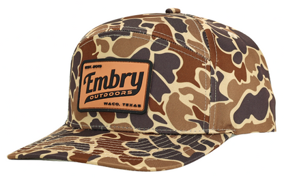 Duck Camo 6 Panel "Retro" Trucker hat with Embry Outdoors logo, featuring a unique camo pattern and polyester material.