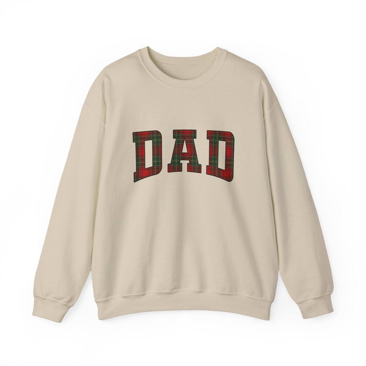 Christmas Plaid Dad Sweatshirt featuring tartan lettering on a cream crewneck sweater.