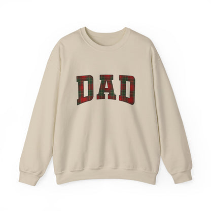 Christmas Plaid Dad Sweatshirt featuring tartan lettering on a cream crewneck sweater.