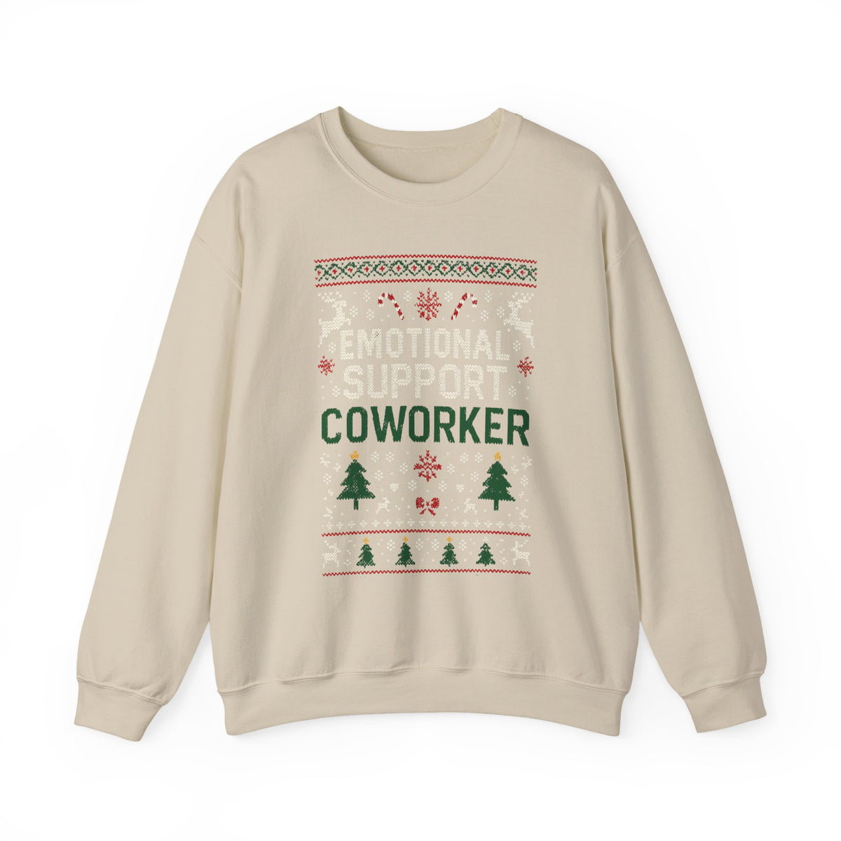 Emotional Support Coworker Sweatshirt in cream color with festive lettering and holiday designs.