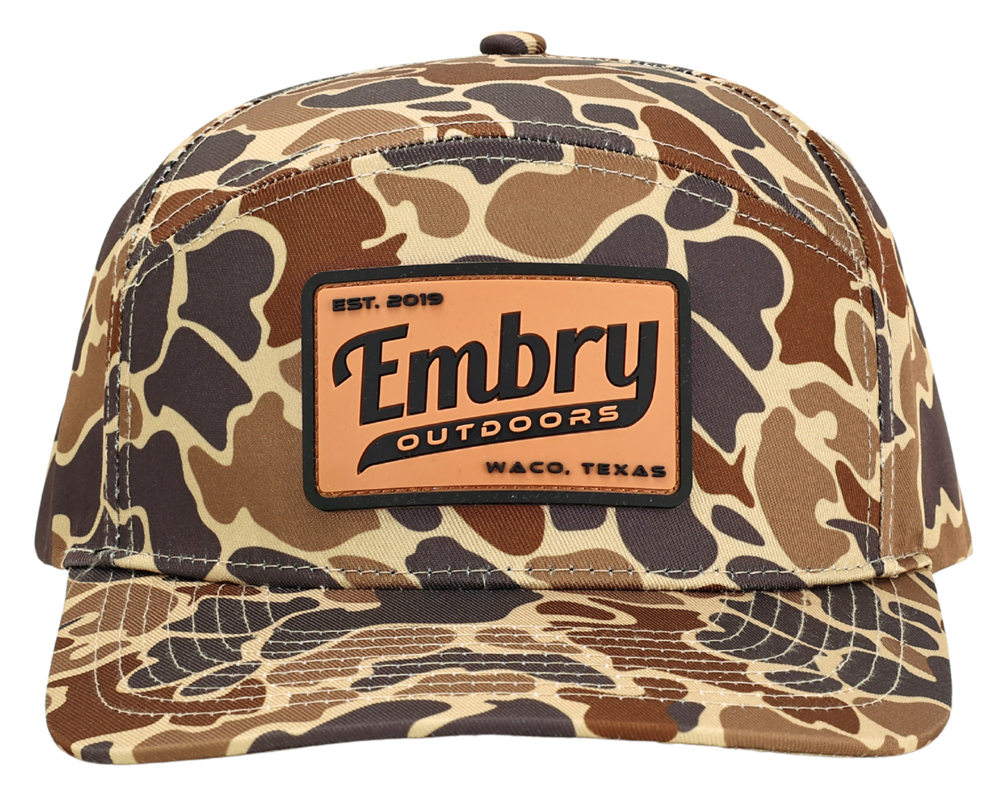 Front view of Duck Camo 6 Panel "Retro" Trucker hat with Embry Outdoors logo, featuring a unique camo pattern made from 100% polyester.