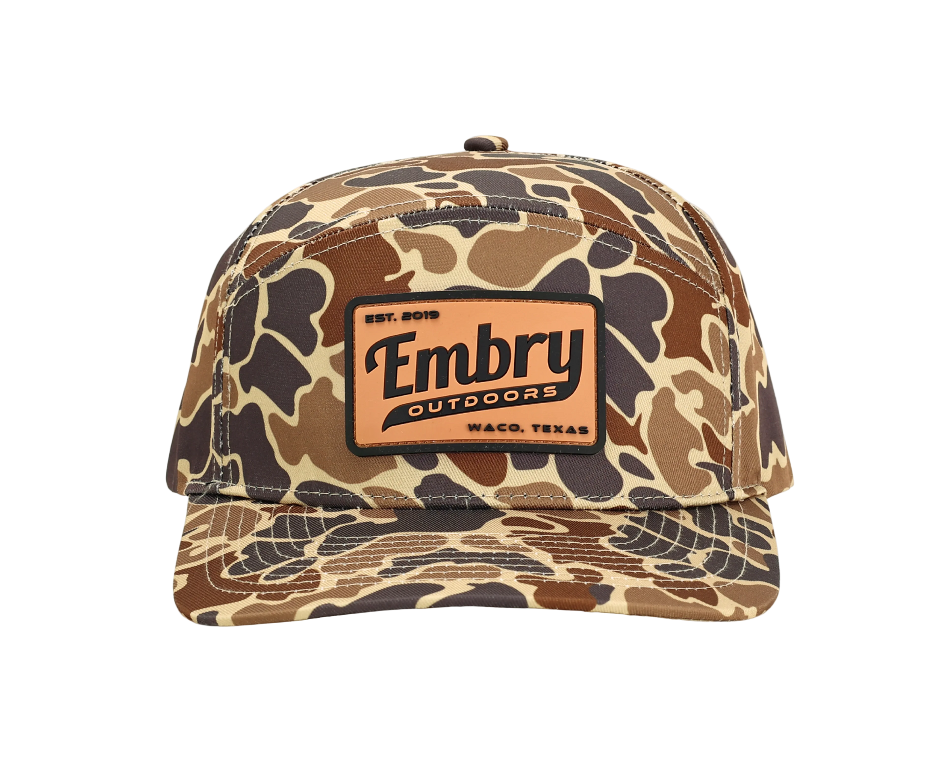 Duck Camo 6 Panel "Retro" Trucker hat with Embry Outdoors logo, featuring unique camo pattern and polyester material.