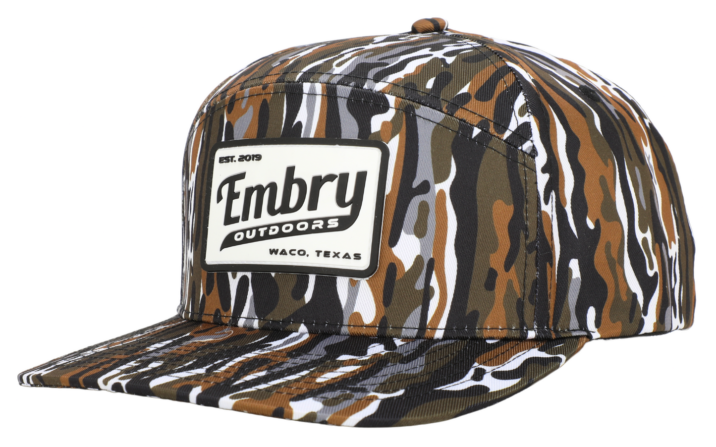 Retro Camo Trucker Hat with Embry Outdoors logo, featuring a vintage outdoor style and camo pattern for a unique look.
