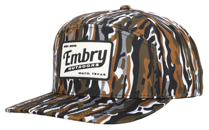 Retro Camo Trucker Hat with Embry Outdoors logo, featuring a vintage outdoor style and camo pattern for a unique look.