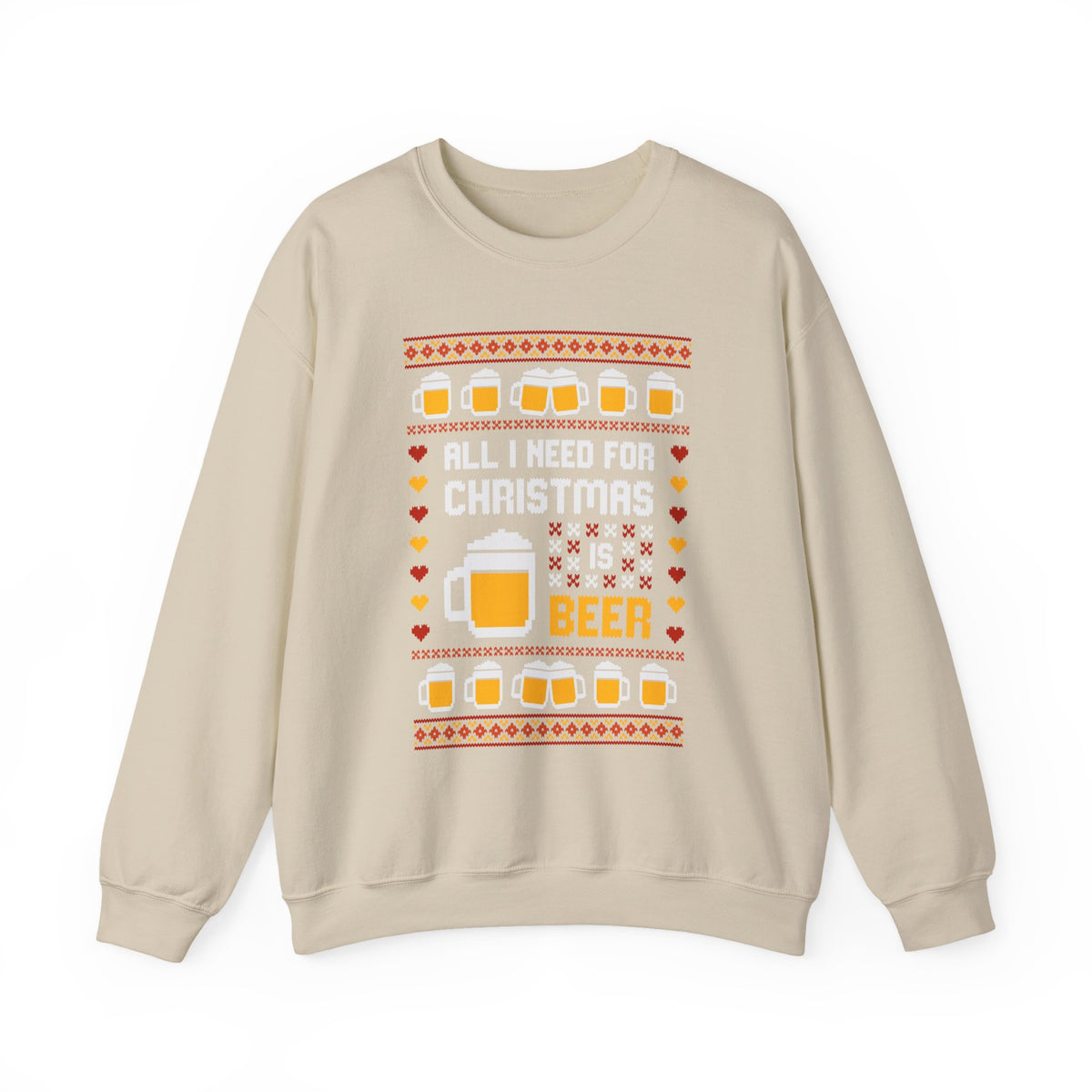 All I Need For Christmas Is Beer Sweatshirt featuring festive design with beer mugs and hearts.