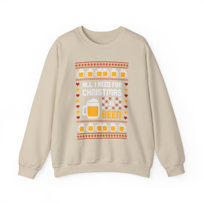 All I Need For Christmas Is Beer Sweatshirt featuring festive design with beer mugs and hearts.
