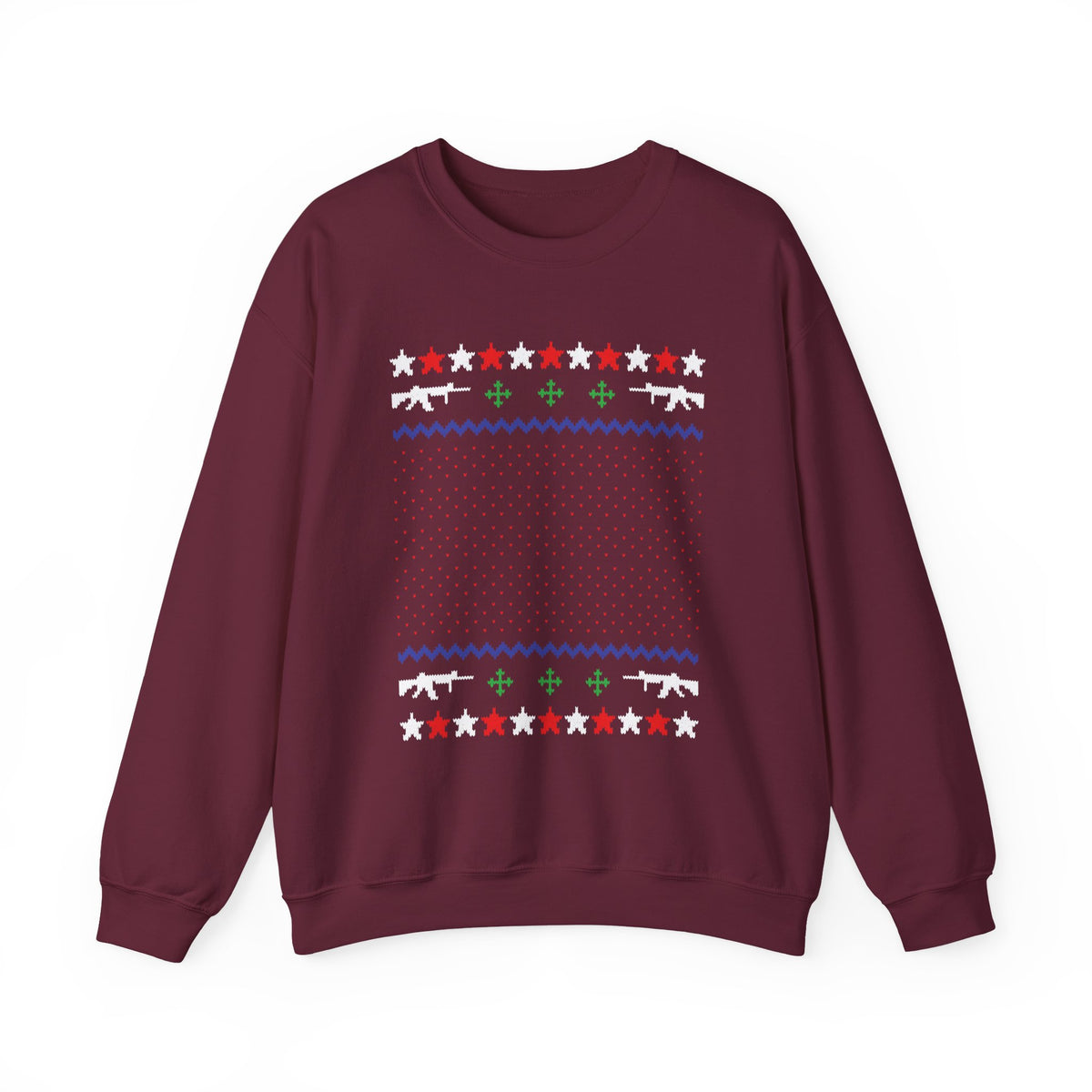 Gun Lover Christmas Sweatshirt featuring rifle silhouettes and holiday patterns on a burgundy crewneck.