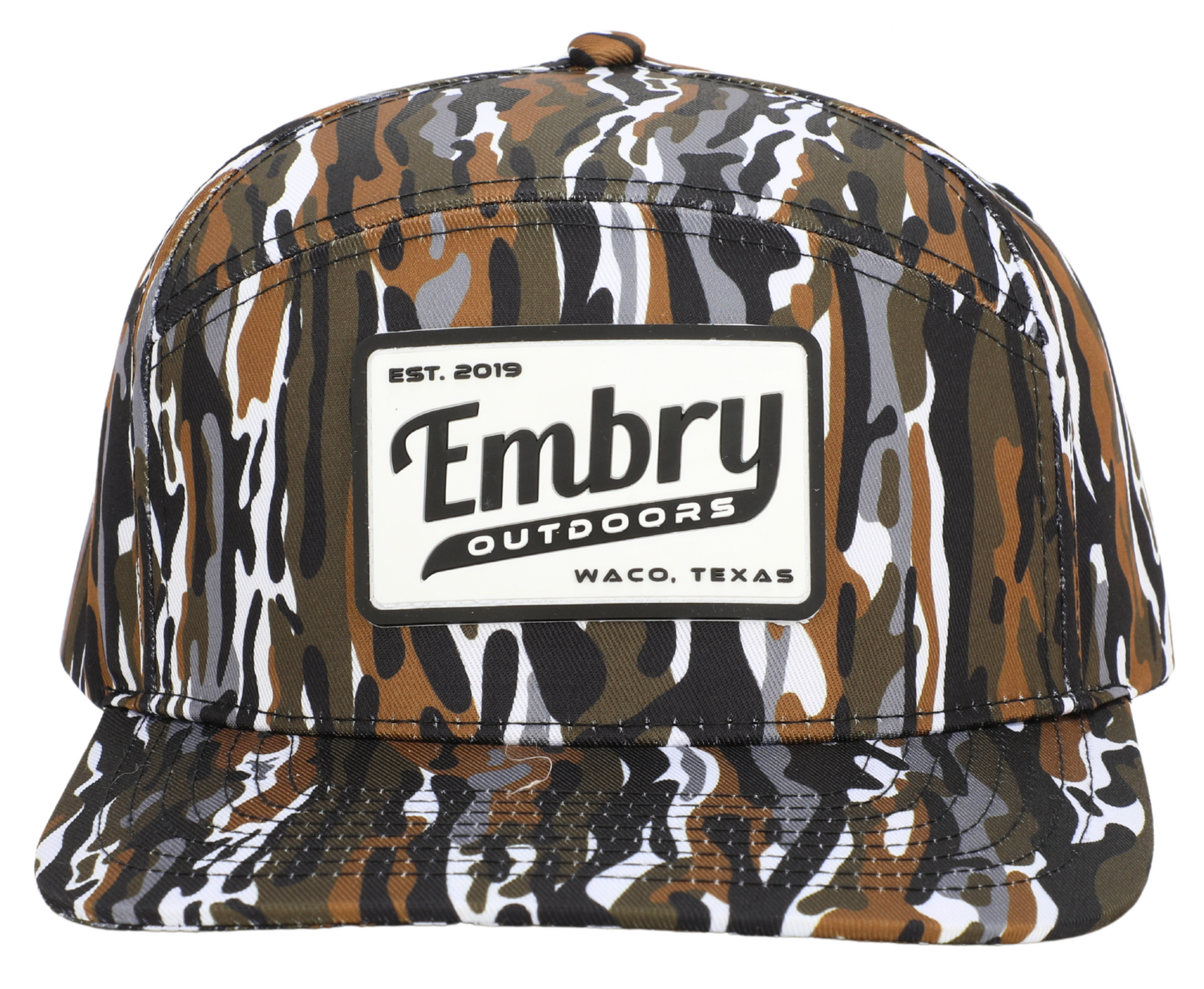 Retro Camo Trucker Hat with vintage outdoor style, featuring Embry Outdoors logo, Waco Texas. Unique 6-panel design, 100% polyester.