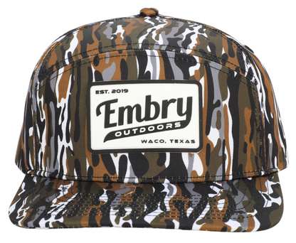 Retro Camo Trucker Hat with vintage outdoor style, featuring Embry Outdoors logo, Waco Texas. Unique 6-panel design, 100% polyester.