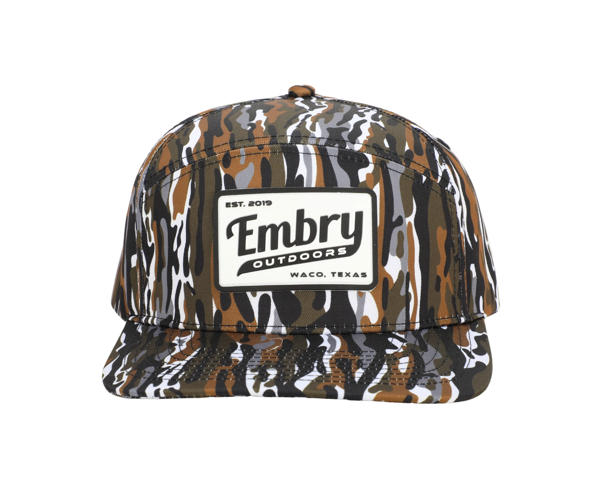 Retro Camo Trucker Hat with Embry Outdoors logo, featuring unique 6-panel design and vintage outdoor style cap.