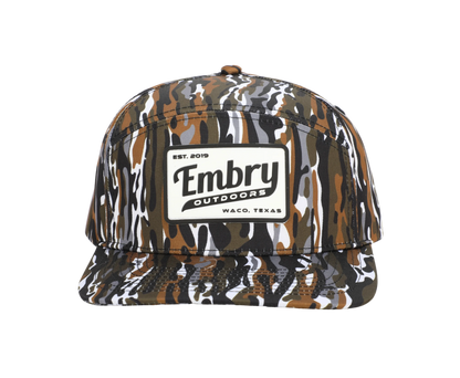 Retro Camo Trucker Hat with Embry Outdoors logo, featuring unique 6-panel design and vintage outdoor style cap.