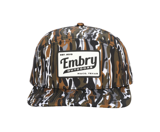 Retro Camo Trucker Hat with Embry Outdoors logo, featuring unique 6-panel design and vintage outdoor style cap.