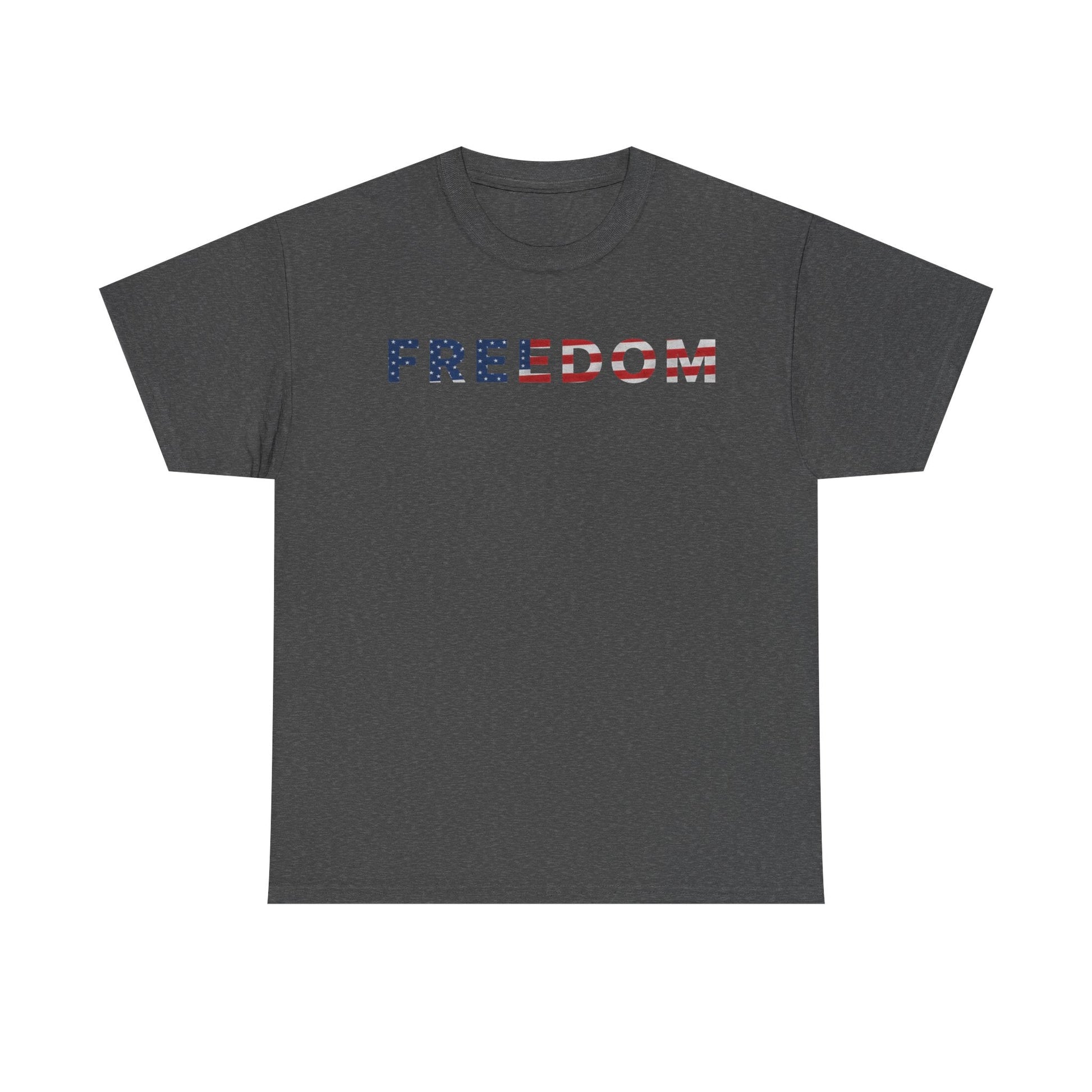Freedom 250 USA Anniversary Tee celebrating 250th birthday of America, featuring 'Freedom' in patriotic colors on a charcoal shirt.
