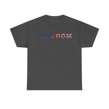 Freedom 250 USA Anniversary Tee celebrating 250th birthday of America, featuring 'Freedom' in patriotic colors on a charcoal shirt.