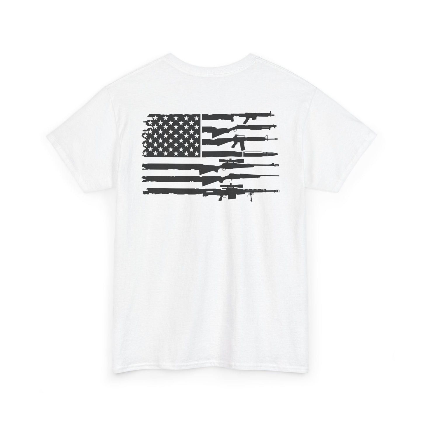 American Flag Gun Shirt featuring a black firearm graphic on a white t-shirt background celebrating the Second Amendment.