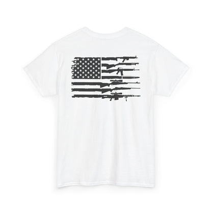 American Flag Gun Shirt featuring a black firearm graphic on a white t-shirt background celebrating the Second Amendment.