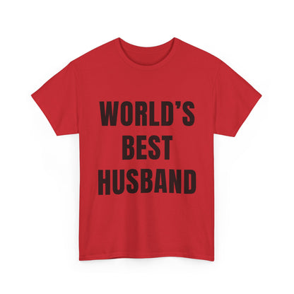 Worlds Best Husband Shirt in red with bold black text, perfect gift for humorous husbands.