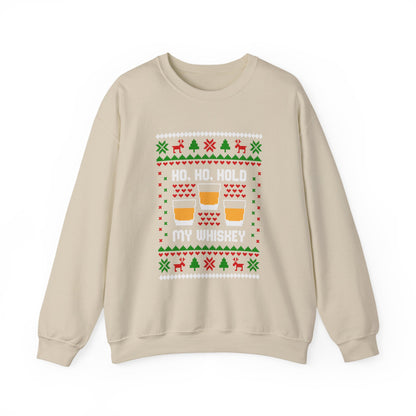 Ho Ho Hold My Whiskey Sweatshirt featuring festive design with whiskey glasses and holiday decorations on a cream crewneck.