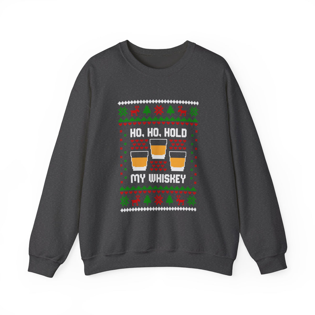Ho Ho Hold My Whiskey Sweatshirt featuring golden glasses and a festive design on a black crewneck.