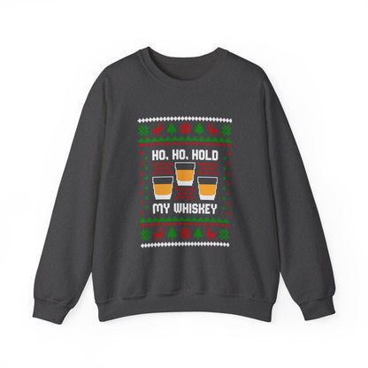 Ho Ho Hold My Whiskey Sweatshirt featuring golden glasses and a festive design on a black crewneck.