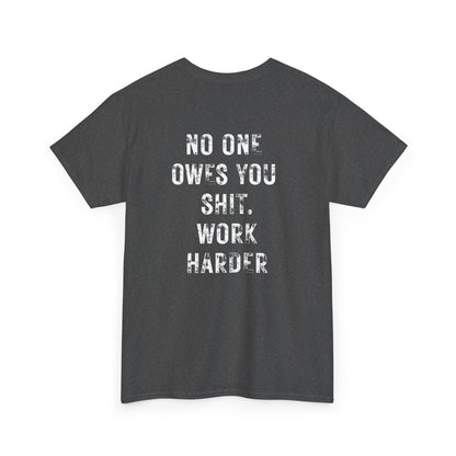 No One Owes You Shit Shirt - Work Harder motivational t-shirt with bold text in white on a black background