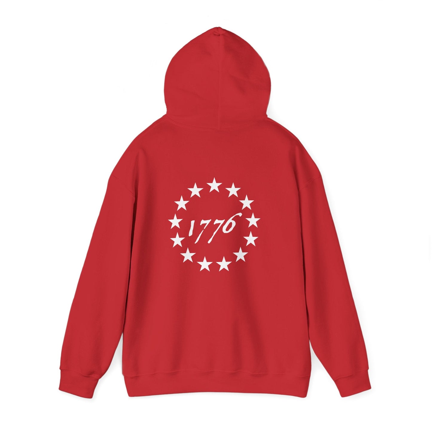 Red Zero Percent Liberal Hoodie with 1776 star pattern, funny conservative design, back view