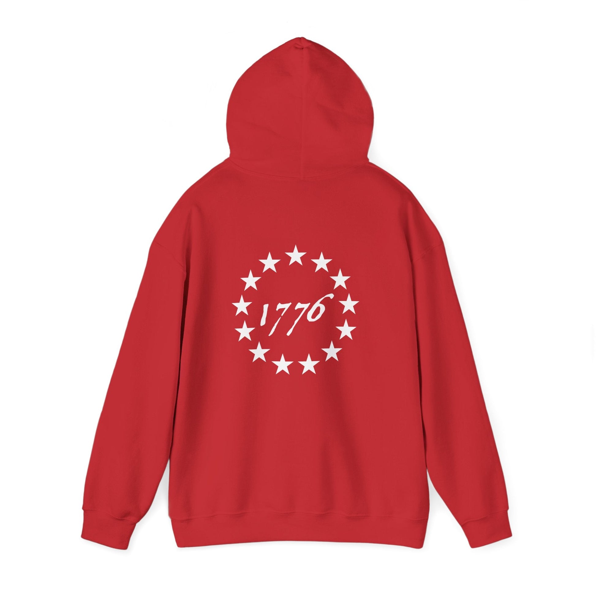 Red Zero Percent Liberal Hoodie with 1776 star pattern, funny conservative design, back view