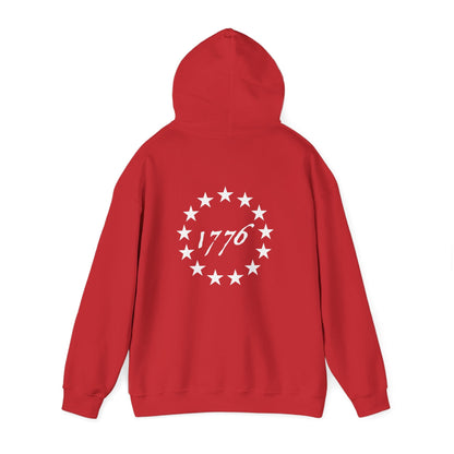 Red Zero Percent Liberal Hoodie with 1776 star pattern, funny conservative design, back view