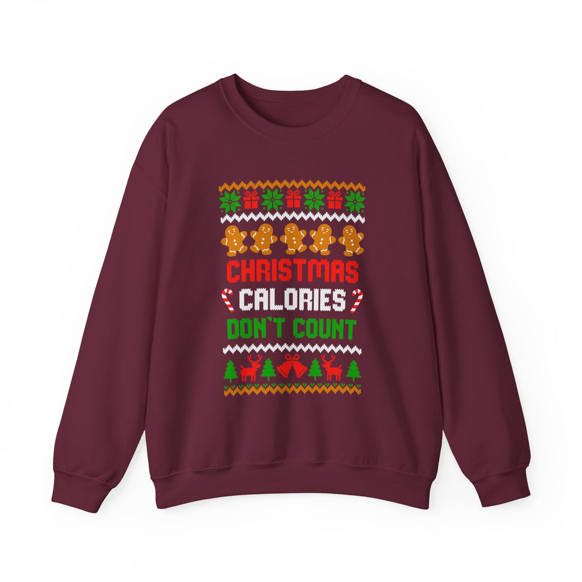 Christmas Calories Don't Count Sweatshirt featuring festive gingerbread cookies and colorful holiday design.