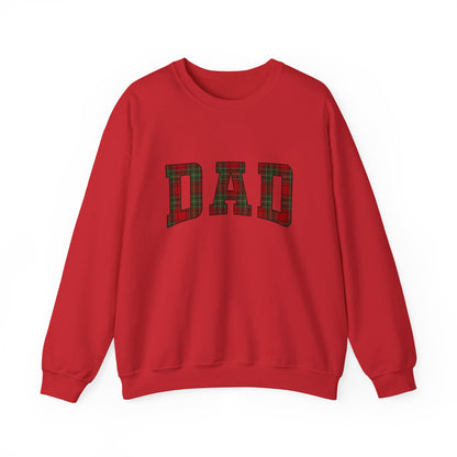 Christmas Plaid Dad Sweatshirt in red featuring oversized plaid letters spelling DAD