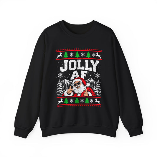 Jolly AF Sweatshirt | Funny Christmas Santa Crewneck with oversized lettering and grinning Santa in shades.