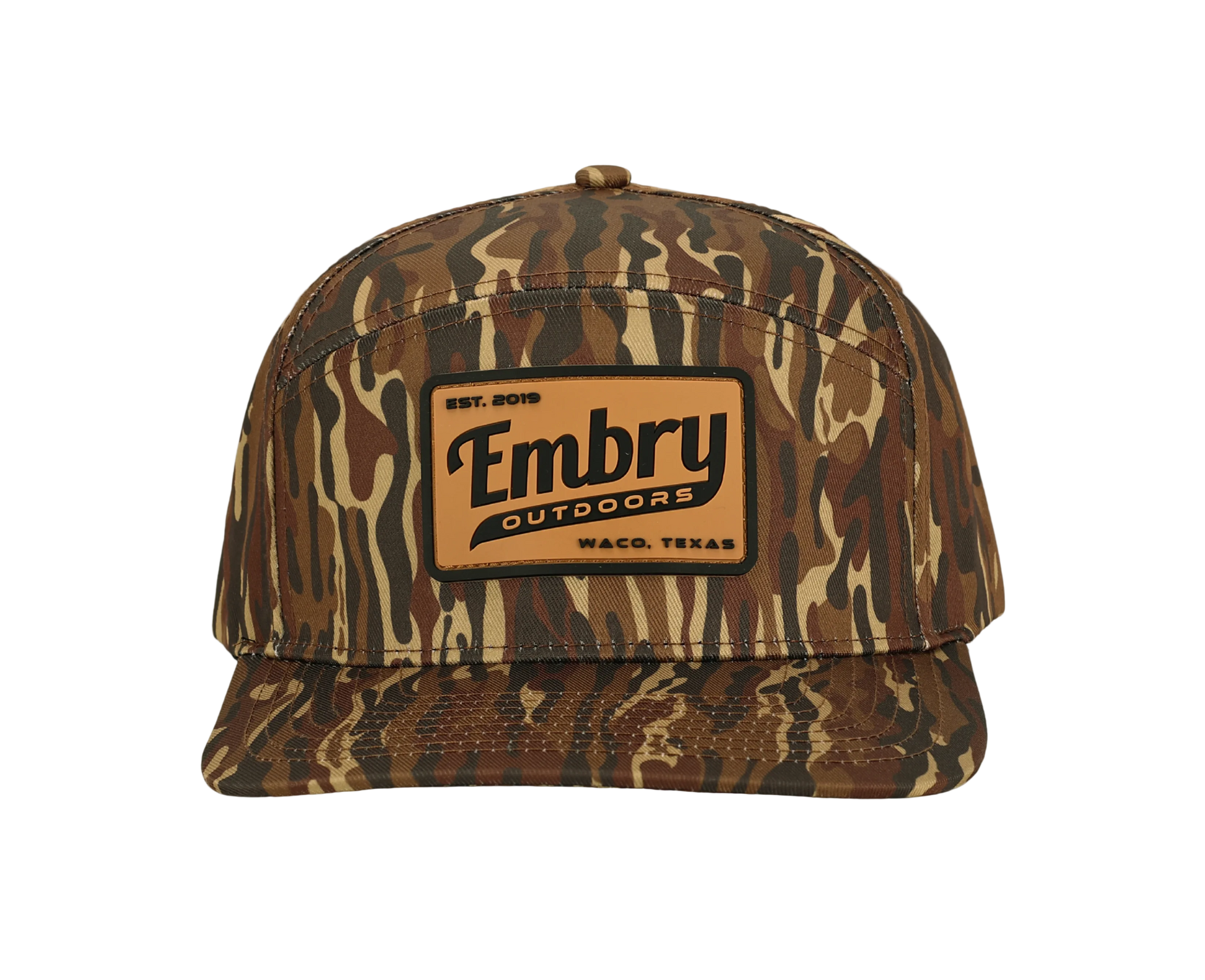 Brown Ranch Camo Trucker Hat with camo pattern and logo on front panel, perfect for outdoor activities and casual wear.