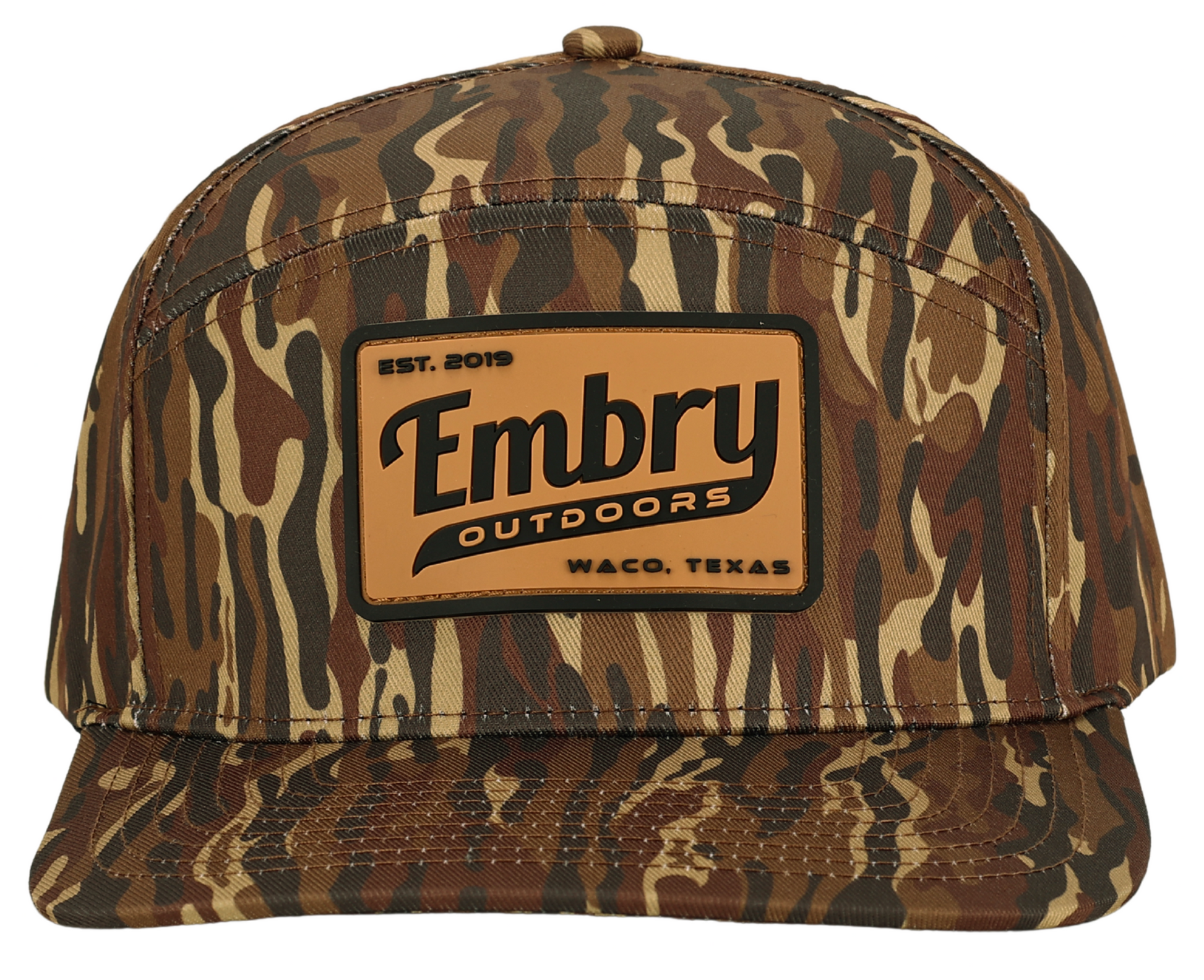 Brown Ranch Camo Trucker Hat with Embry Outdoors logo, ideal for outdoor activities and ranch style.