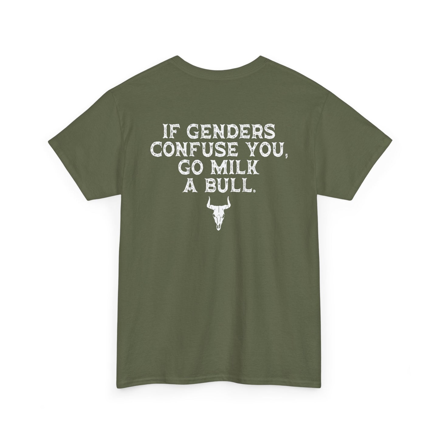 If Genders Confuse You Go Milk A Bull T-Shirt in green featuring funny southern humor design.