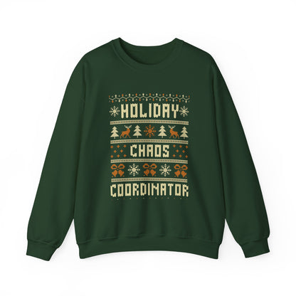 Holiday Chaos Coordinator Sweatshirt featuring festive design with trees, reindeer, and Christmas motifs.