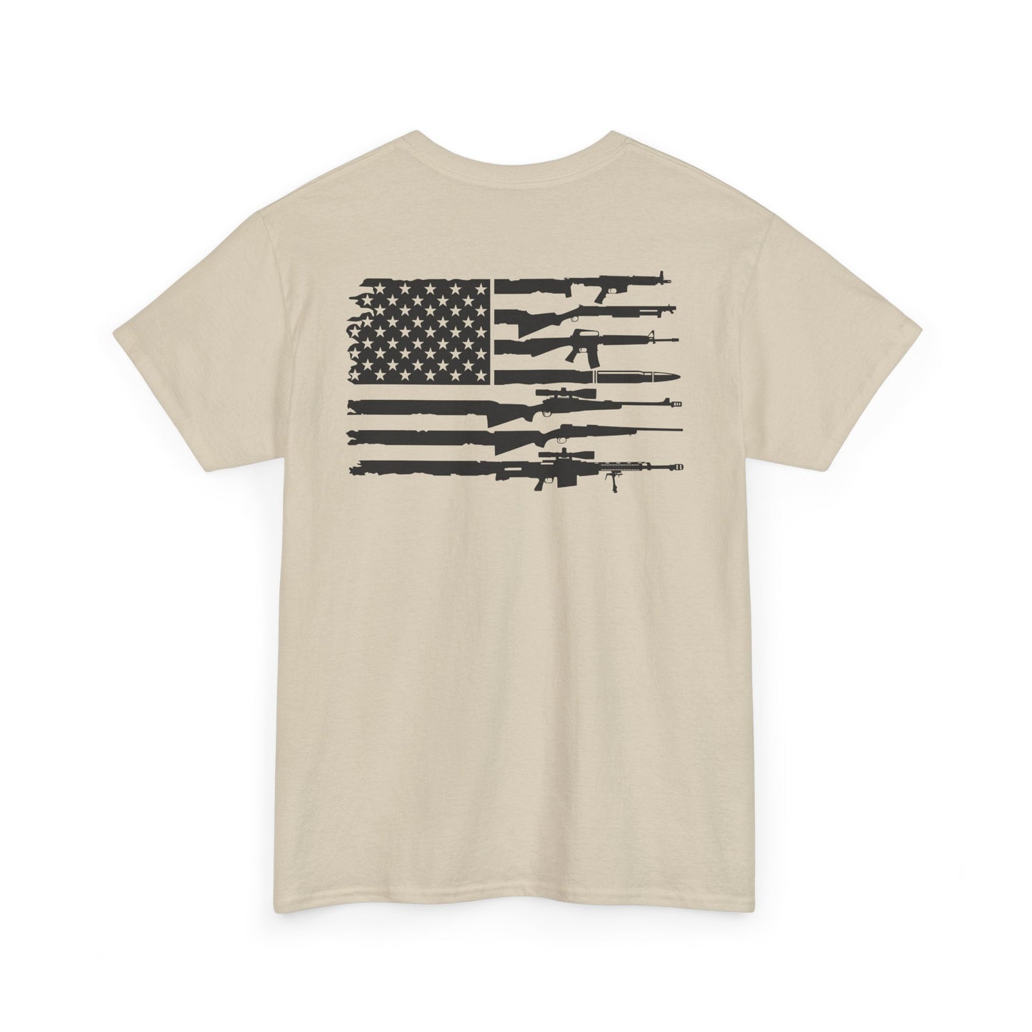 American Flag Gun Shirt featuring a graphic of firearms blended with the American flag design.