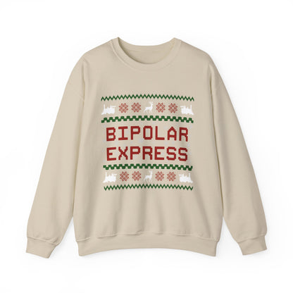 Bipolar Express Sweatshirt in cream featuring festive holiday design with reindeer and snowflakes.