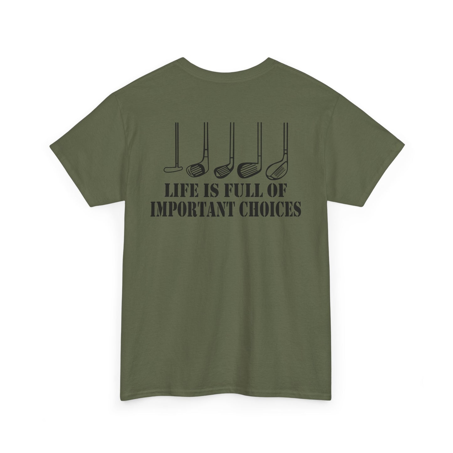 Back view of the Life Is Full of Important Choices Golf Shirt featuring humorous golf club design.