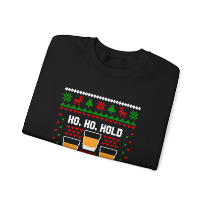 Ho Ho Hold My Whiskey Sweatshirt featuring a festive design with whiskey glasses and holiday motifs on a black crewneck.