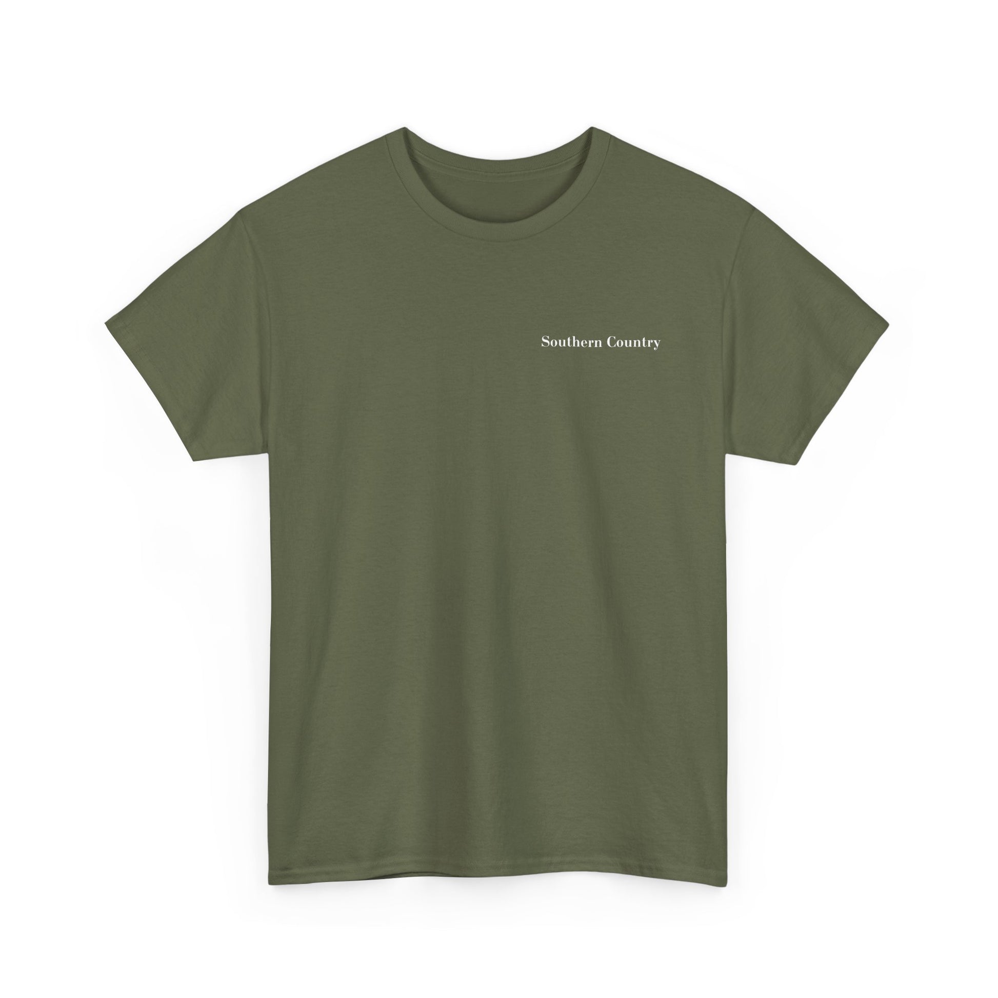 Southern Country graphic t-shirt in army green, casual and comfortable apparel for everyday wear.